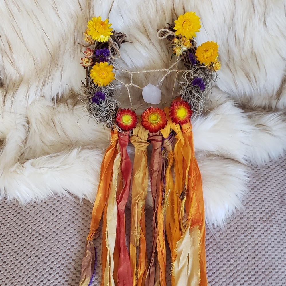 Dried flower and crystal dream catcher wreath